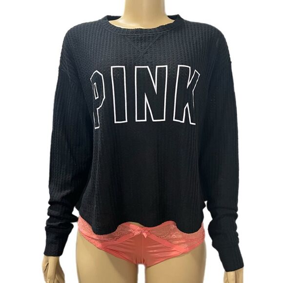 PINK Victoria's Secret Tops - Victorias Secret Pink Supersoft Cozy Thermal V-neck Pullover Logo Pink top